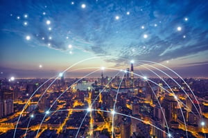 abstract net hanging over city under starry sky