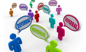 colorful stick figures saying "referral" in speech bubbles